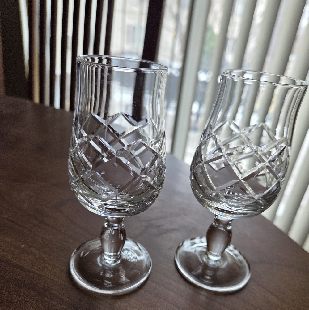 Pair Of Stemmed Heavy Cut Glass 4oz Glasses